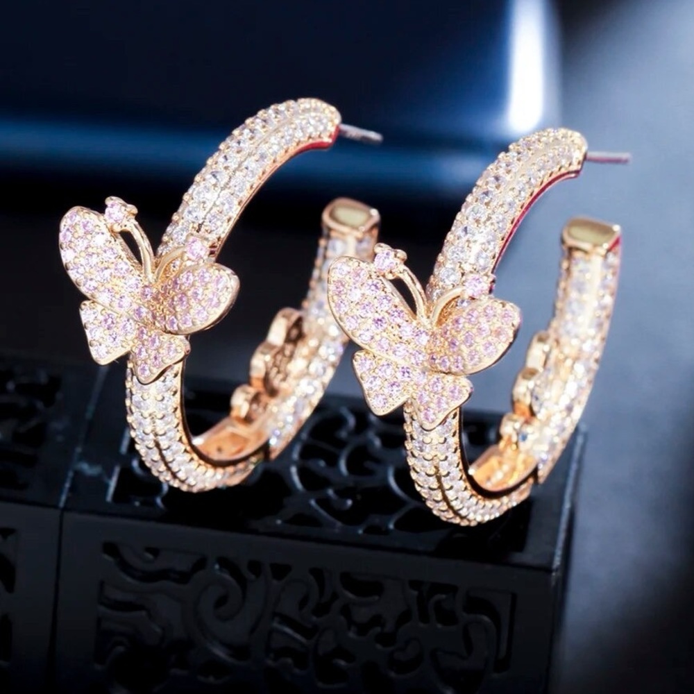 Gold Pink Blue Butterfly CZ Hoops